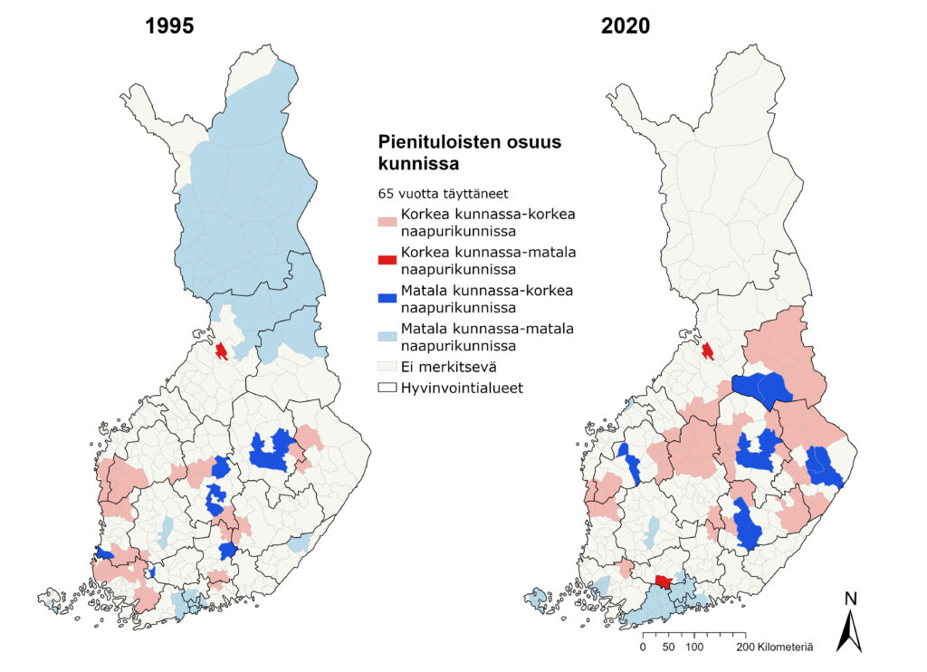 Kunnat muistuttivat vuonna 2020 aiempaa enemmän naapurikuntiaan ikääntyneiden pienituloisuuden osalta Moranin I -indeksin perusteella.